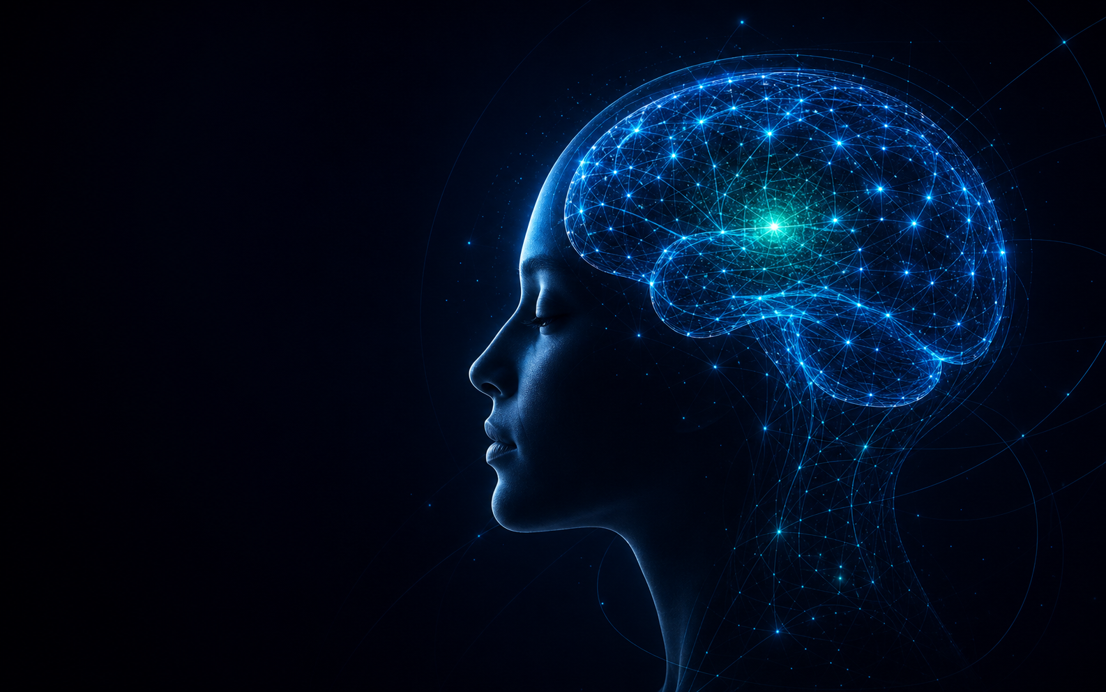 Perfil humano conectado por uma rede de pontos azuis, representando relações e percepção